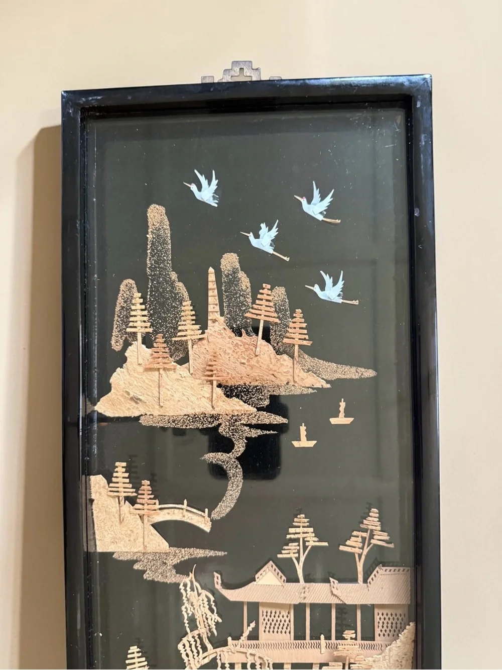 Vtg Chinese Asian Landscape Cork Diorama Wall Art  in Black Lacqered Frame 23x8”